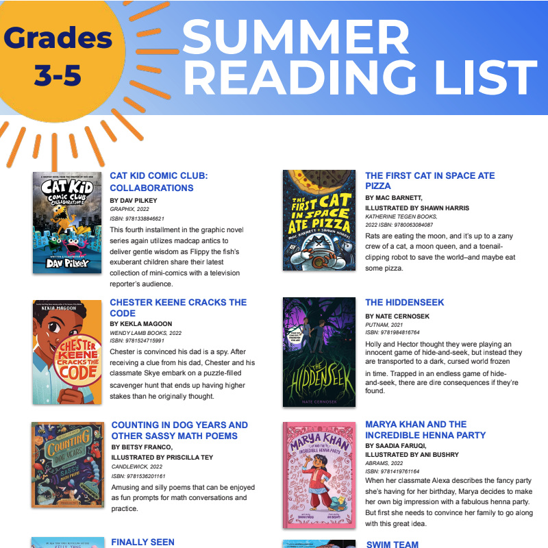 Grades 3-5 Summer Reading List